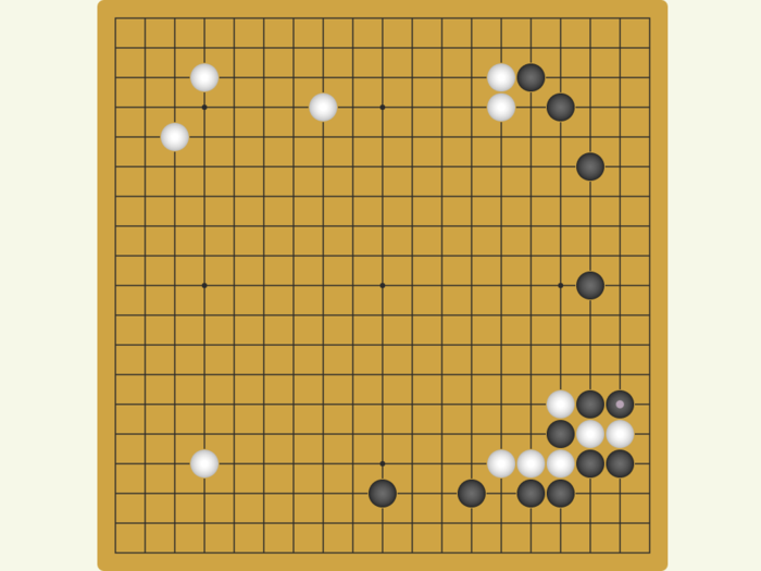 This is where the game starts to get really interesting. You have a series of little battles like these, where you have to count ahead of your opponent and out-maneuver their moves to prevent getting captured or losing territory — remember if your stone gets surrounded it