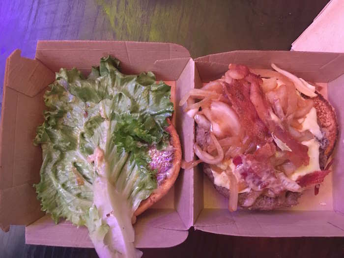 The burger had a giant piece of lettuce, which proved refreshing against all the other ingredients. Bacon strips and the grilled onions were piled high on the white cheddar slice.