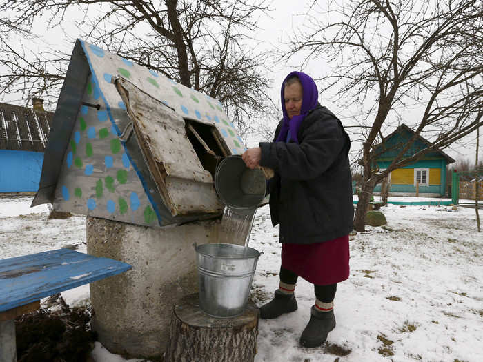 Wells are the main water supply in the village of Rum, Belarus.