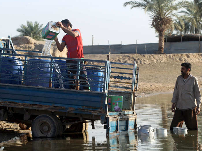 The main source of water in Iraq, Syria, and Turkey is the Euphrates River. Overuse and pollution of the river has limited its resources, making the water less safe. People are still getting water from the river, especially in Najaf, just south of Baghdad, as pictured below.