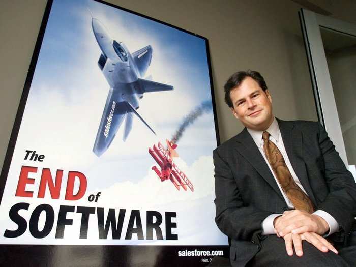 It kicked off an epic rivalry for the ages, with the two taking shots at each other in the press. Note the Salesforce jet shooting down the Oracle biplane in this early Salesforce ad from 2001.