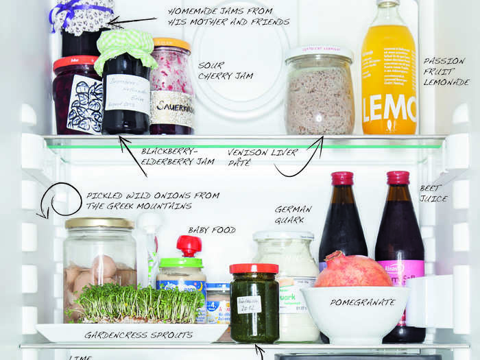 German chef Sven Elverfeld keeps root vegetables, feta cheese, and tzatziki in his fridge as a nod to his love for Greek food. The top shelf is reserved for his mum