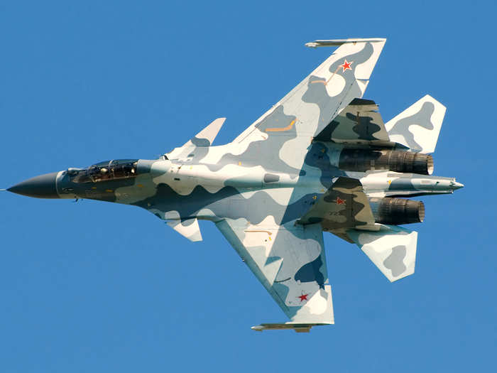 A Russian Su-30 glides through the air during a test flight.