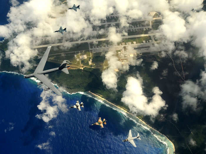 A B-52 Stratofortress from the 23rd Expeditionary Bomb Squadron leads a formation of Japanese Air Self Defense Force F-2s from the 6th Squadron, U.S. Air Force F-16 Fighting Falcons from the 18th Aggressor Squadron, and a U.S. Navy EA-6B Prowler from Electronic Attack Squadron (VAQ) 136 over Guam Feb. 10, 2009.