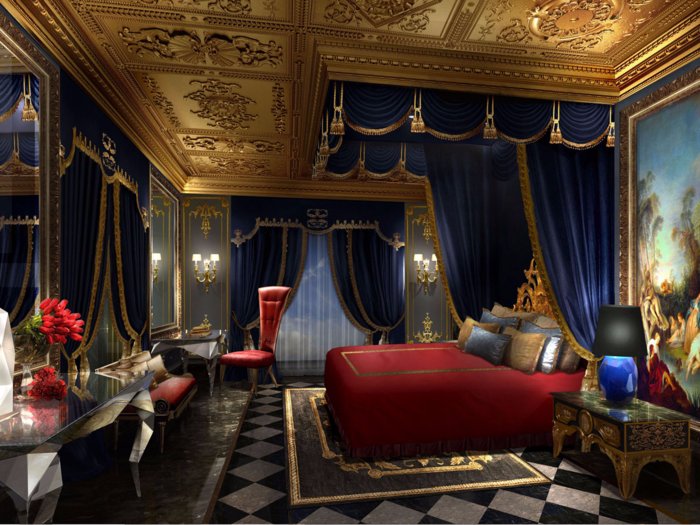 The royal bedroom includes a king-sized bed complete with a velvet canopy. Each villa comes with 24-hour butler service, and additional amenities include a private luxury shopping area and complimentary airport transfers via Rolls-Royce Phantoms.