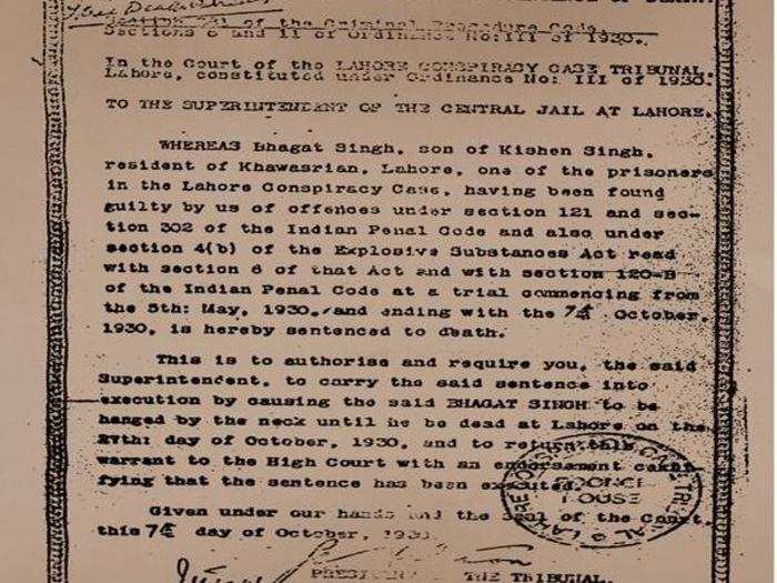 Death warrant of Bhagat Singh
