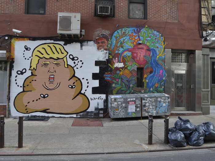 The Lower East Side has a high concentration of street art worth a visit; this wall boasts works by pun master Hanksy (left) and muralist Magda Love (right). At left, Hanksy
