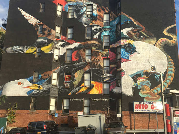 This Harlem building has been given the Lunar New Year treatment, decorated with a striking mash-up of birds all joined into an avian composition.