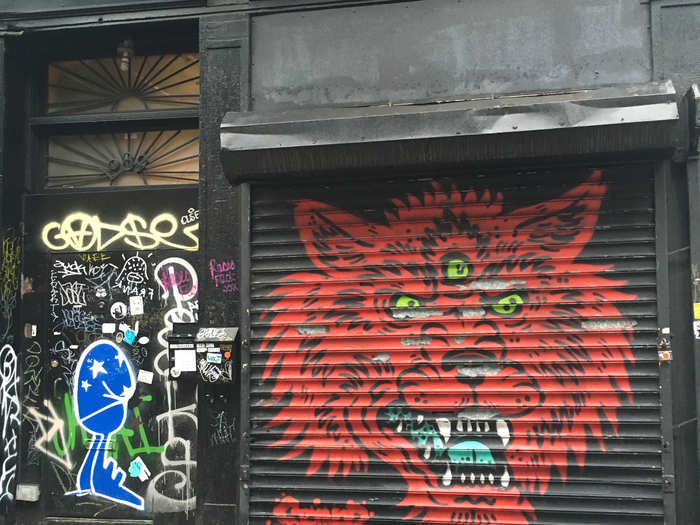 This three-eyed monster on a shop front in Bushwick is a classic of the artist Steiner.