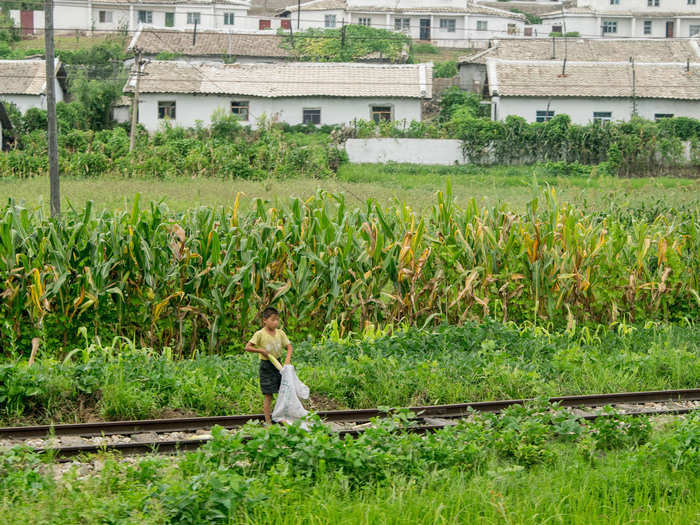 The train chugged along, giving Chu snapshots of everyday life. This boy was collecting corn cobs beside the tracks.