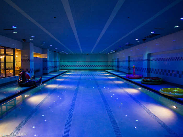 The 25-meter salt water pool is lit with intense blue lighting. Salt water is considered better for the skin than chlorine and is less irritating for the eyes.