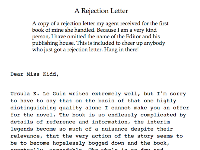 Famed fantasy writer Ursula K. Le Guin posted a rejection letter that calls her book 