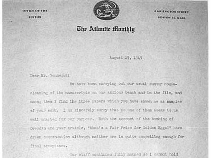 After mailing The Atlantic three samples of his work, Kurt Vonnegut received this rejection letter from editor Edward Weeks in 1949.