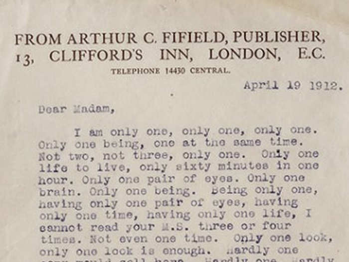 Author Gertrude Stein was probably fuming when she got this letter from publisher Arthur C. Fifield mocking her manuscript of 