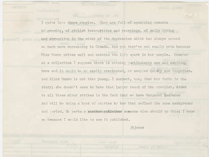 Alice Munro received this 1968 rejection letter from Knopf editor Judith Jones for her book 