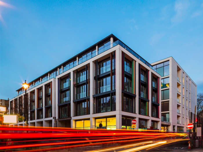 Seen here at night, there are 44 luxury residences available, built on a site that was once the Marylebone home of French Ambassador Viscount Francois-Rene de Chateaubriand (1768-1848).