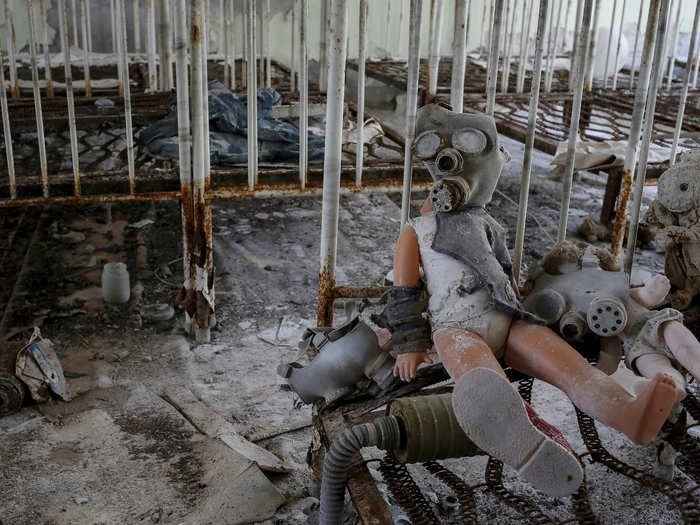 Child-size gas masks are routinely found inside abandoned child care facilities such as this one.