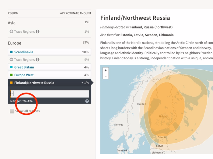 Ball told me it had a lot to do with estimates. "This is not a diagnostic test," Ball said. Instead, the results come out based on statistics and all the reference population my DNA is being compared to. "We try to be really transparent about how this is an estimate." For example, the range on my Finnish results was 0% to 4%