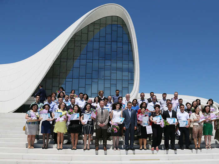 Completed in May 2012, the Heydar Aliyev Cultural Center in Baku, Azerbaijan, serves as a library, museum, and a conference center.