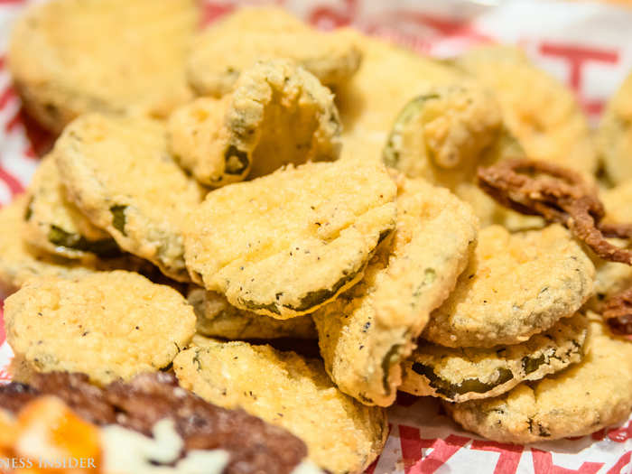 The fried pickles are little slices of heaven. The pickle is deep fried to crunchy perfection yet the inside is still juicy and crispy. When dipped in Ranch dressing, it