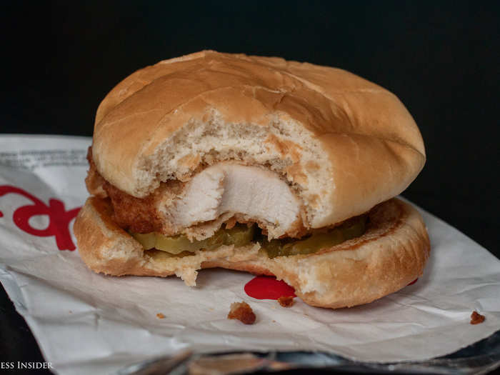 A bite into Chick-fil-A, and suddenly I see the light. This sandwich is completely deserving of the fervent praise it gets. The chicken is thick and juicy — compare this to the thickness of McDonald