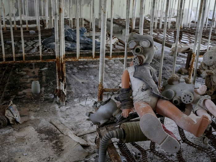 Kindergarteners  outfitted their dolls in gas masks before evacuation.