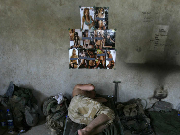 A British soldier sleeps in his quarters at Sangin camp in the southern province of Helmand June 10, 2007.