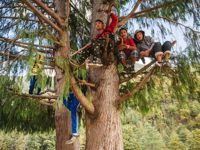 The uniforms do not need to be worn on the weekends, which is why these boys can be seen here in regular clothing as they huddle together on a tree to catch a better view of the musical festival taking place at K4