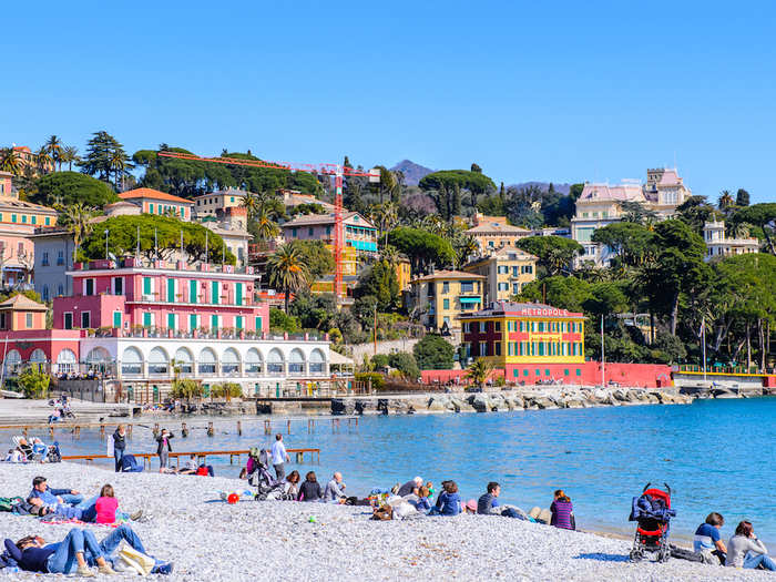 8. Santa Margherita Ligure, Italy — This idyllic resort town on the Italian Riviera is popular with tourists during the summer, when they congregate on its large pebbled beach around a cove to sunbathe.