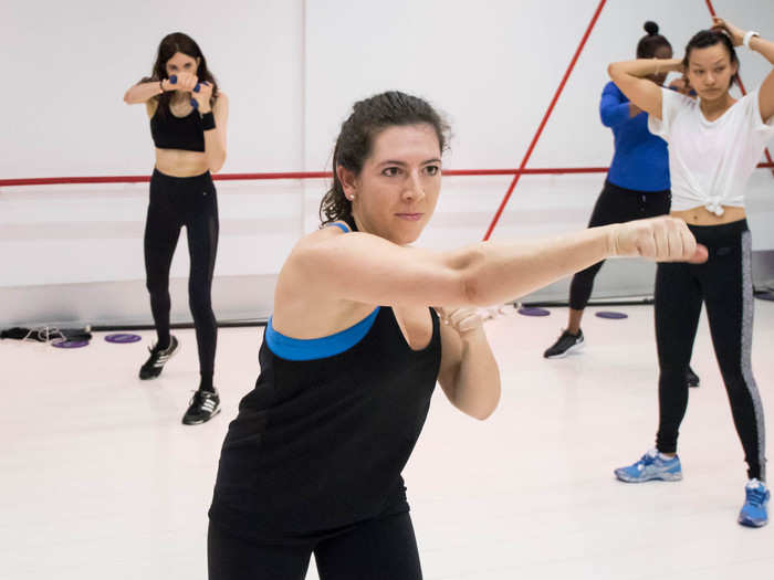 Towards the end of class, we finally got into the "boxing" routine. In this instance, there are no punching bags: this is called "shadow boxing," where you