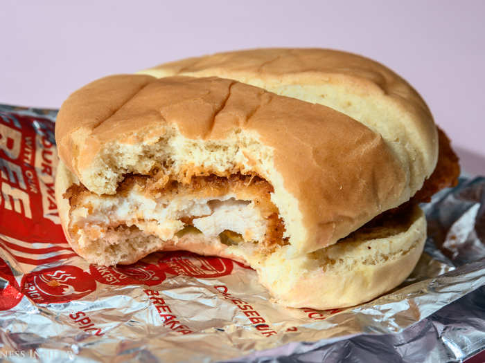 So how does it taste? It tastes exactly as one would expect. The chicken is most likely formed in some way; however, admittedly, it is juicy. The sauce adds a slightly sweet and tangy taste — in fact, the whole sandwich leans a tad sweet without the more complex seasoning of Chick-fil-A