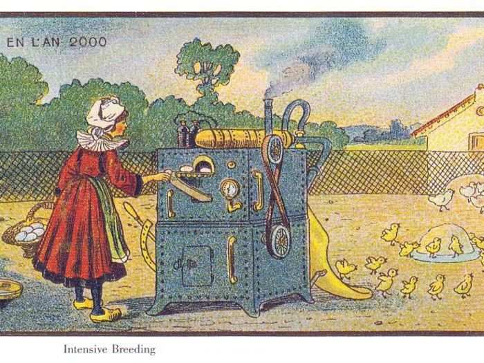 PREDICTION: This illustration is called "intensive breeding," and although the artist envisioned a much more pleasant looking future for animals, where a machine turned eggs into chicks, the concept was somewhat accurate.