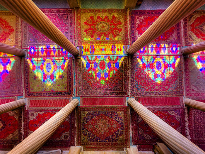 A view of the lights, columns, and colors in the Nasir al-Mulk Mosque in Shiraz.