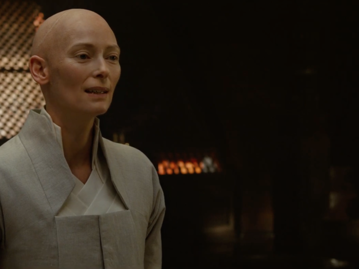 Inside, he finds the Ancient One, played by none other than Tilda Swinton.