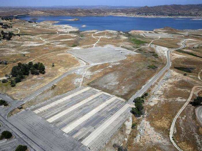 Boat docks that were once at the edge of the water on Millerton Lake on the San Joaquin River in Friant.