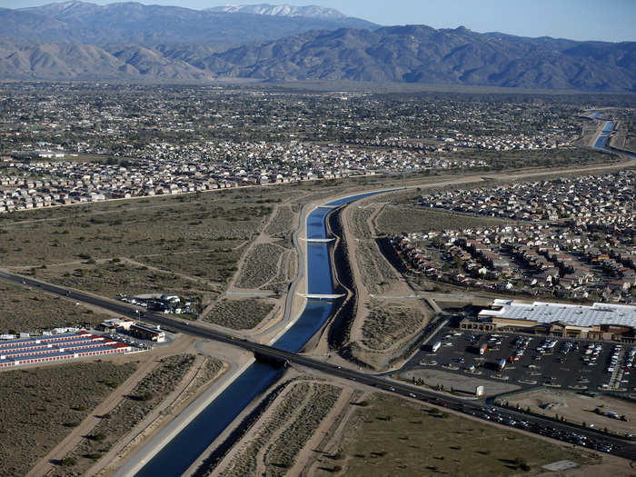 A parched aqueduct in Victorville, a city east of Los Angeles.