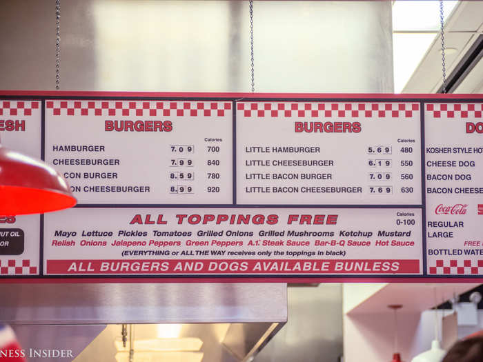 The menu is sans frills and flourishes: you can order burgers with choice of toppings, hot dogs, fries, and soda. Some locations — not all, unfortunately — offer milkshakes. The prices are very similar to Smashburger
