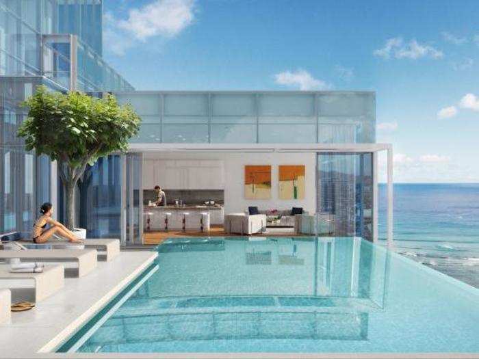 The 10,000-square-foot Grand Penthouse has five bedrooms and over 1,300 square feet of outdoor patio space, including its own pool. Located on the 36th floor, it