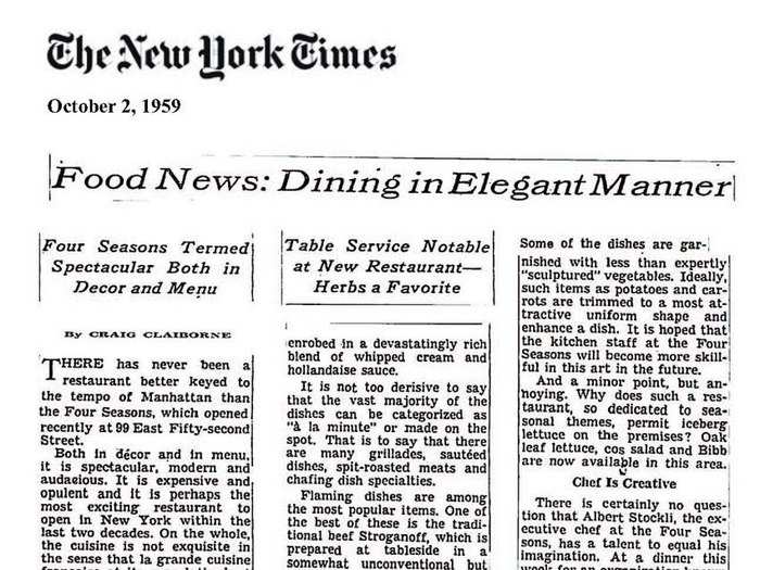 The restaurant opened in 1959 with a rave review from The New York Times