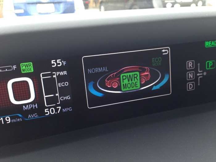 POWER MODE! I was in this mode, which peps up performance, most of the time, because I wanted to see how this new Prius performed when compared with my 2011 — kind of fun in Power Mode — and some of the juicier cars we