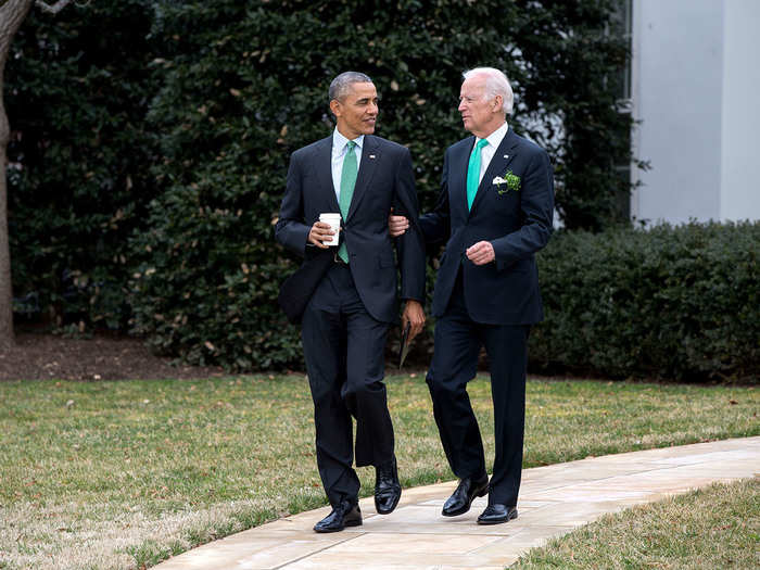 Obama and Biden walk to the motorcade on the South Lawn of the White House for departure en route to the US Capitol for a St. Patrick