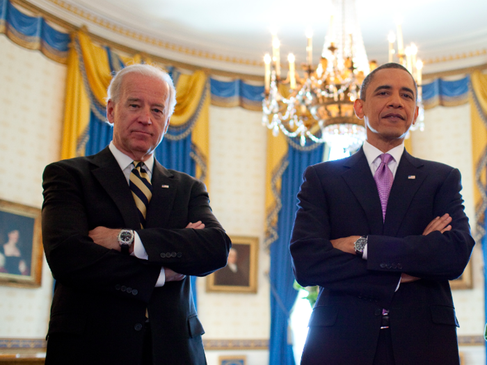 Obama and Biden pose in the Blue Room of the White House on May 10, 2010.