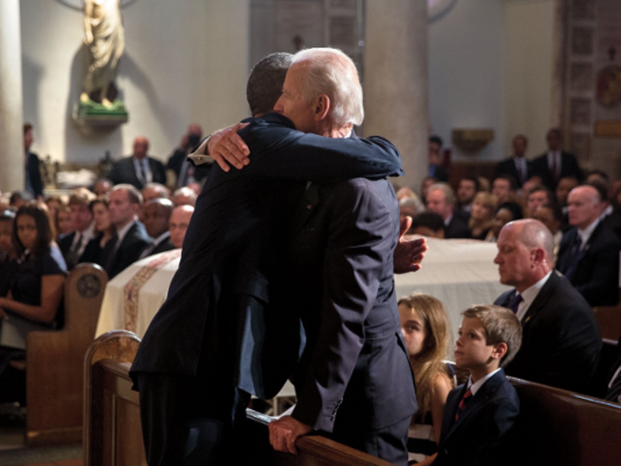 Obama hugs Biden after delivering the eulogy in honor of Biden