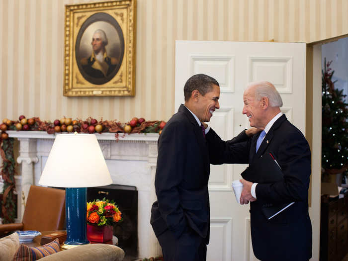 Obama jokes with Biden in the Oval Office, Dec. 21, 2010.