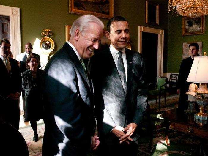 Obama and Biden wait in the Green Room of the White House.