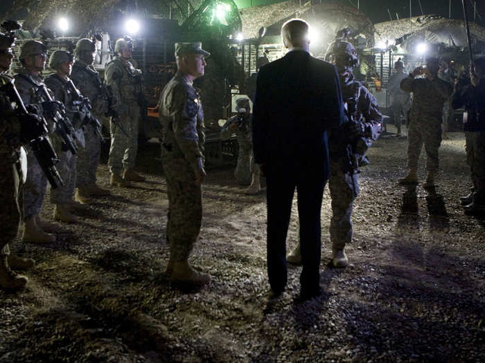 Visiting troops in the 4–2 Stryker Brigade at Camp Victory, Iraq, on January 23, 2010.