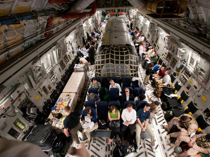 Lienemann explained that on some trips, Biden will switch from Air Force Two to a C-17 cargo plane. The Air Force pulls a modified Airstream trailer into the plane for the Vice President while most of the staff sit on seats along the side of the plane. Here, he and his staff are on their way to Iraq, July 2, 2009.