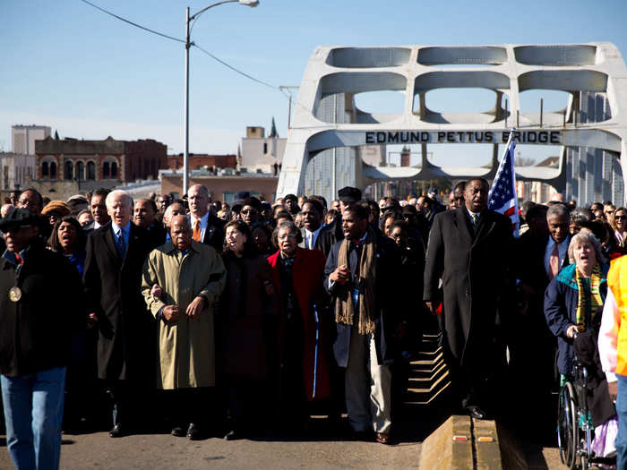 On March 3, 2013, Biden marched arm in arm with Congresswoman Terri Sewell and Civil rights legend and Congressman John Lewis during the 48th annual Bridge Crossing Ceremony in Selma, Alabama.