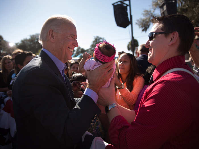 Biden making a public appearance after a speech in Ocala, Florida on October 31, 2012.