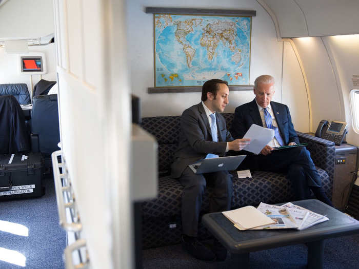 Biden sits with speechwriter Dylan inside his own small cabin inside Air Force Two on the way to New York, on September 26, 2013.